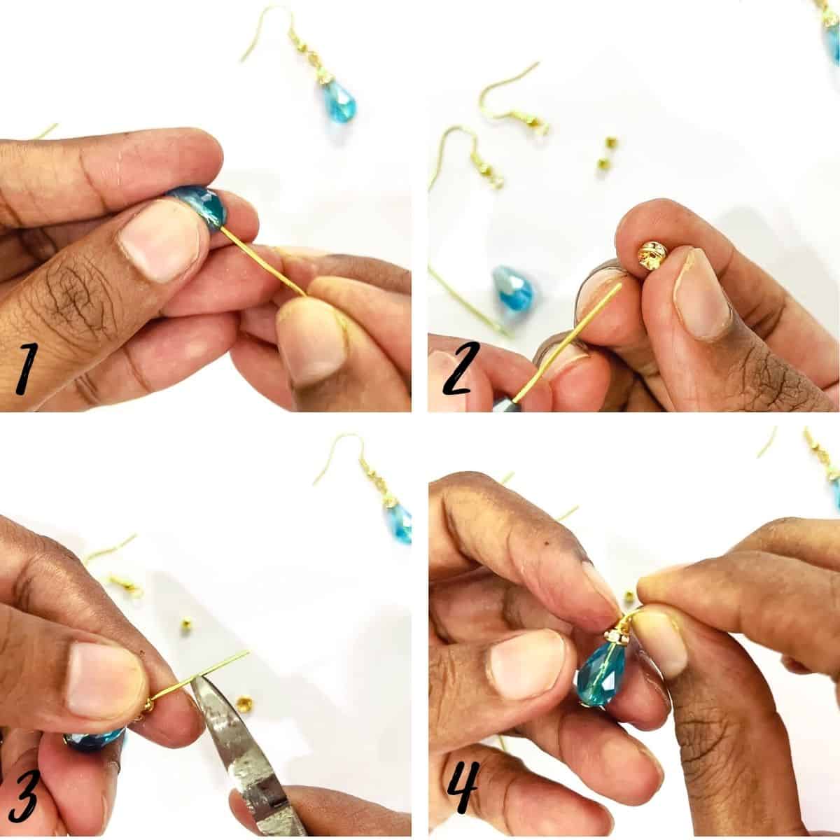 A poster of 4 images showing how to wire a teardrop bead, and 2 filler beads into a headpin.