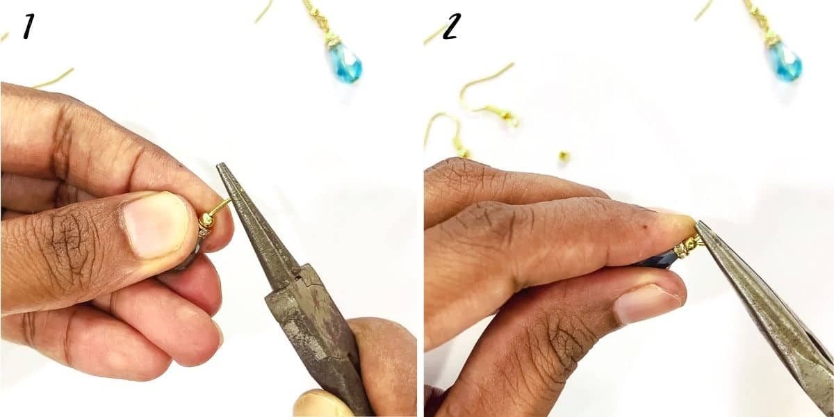 A poster of 2 images showing how to make a loop for DIY earrings.
