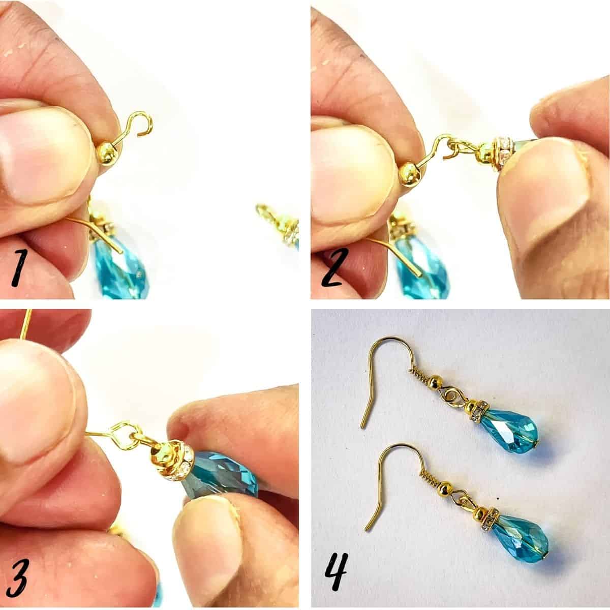 A poster of 4 images showing how to attached the teardrop bead dangle into an earring hook.