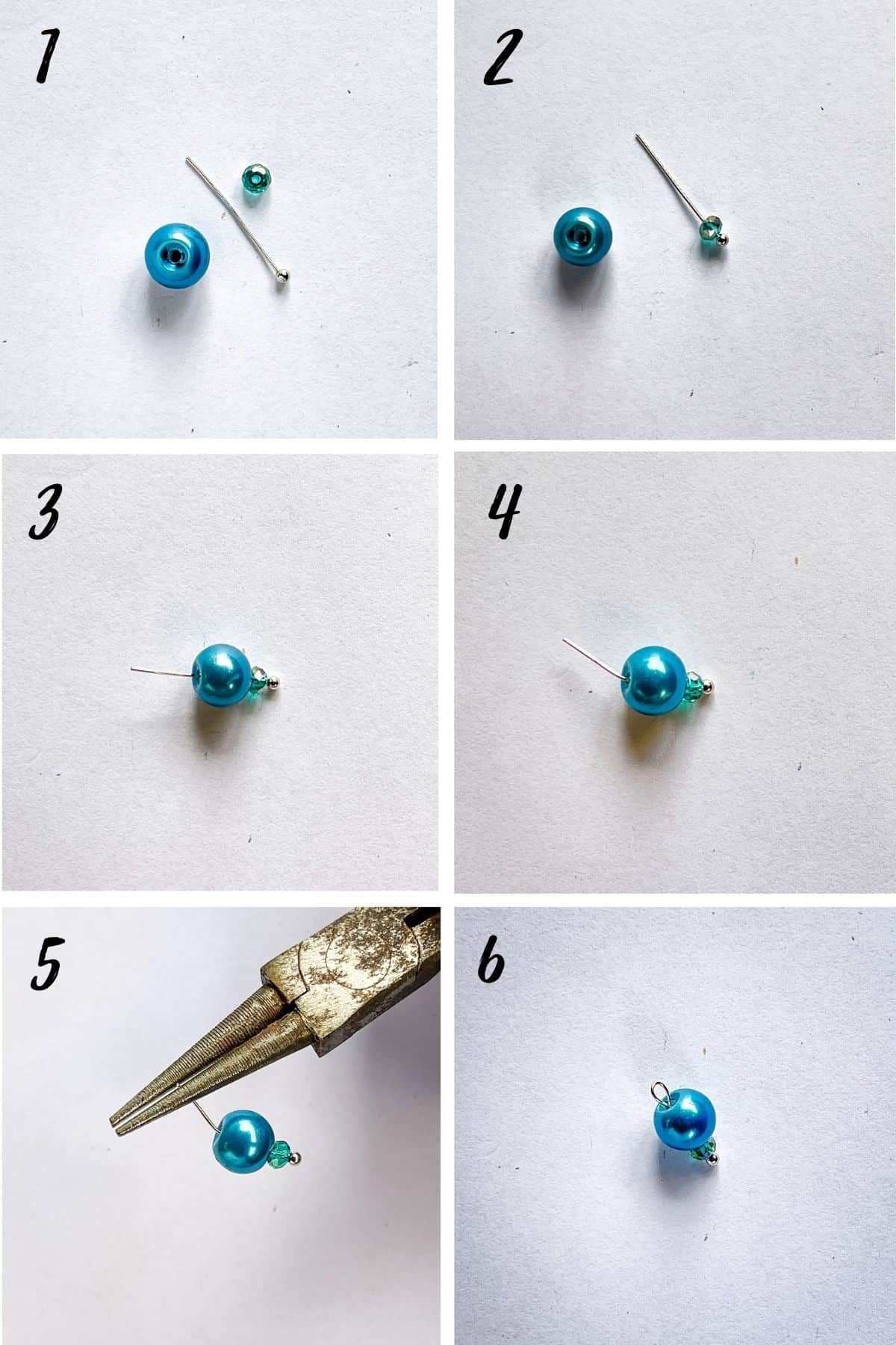 A poster of 6 images showing how to make a beaded pearl dangle.