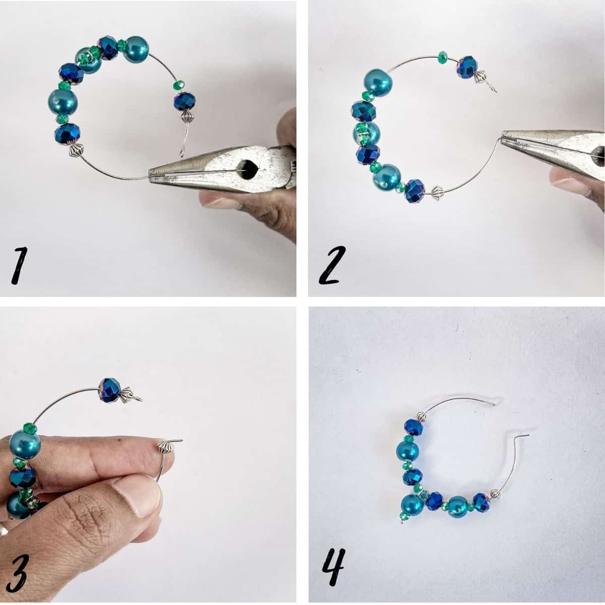 A poster of 4 images showing how to adjust an earring hoop after inserting beads.