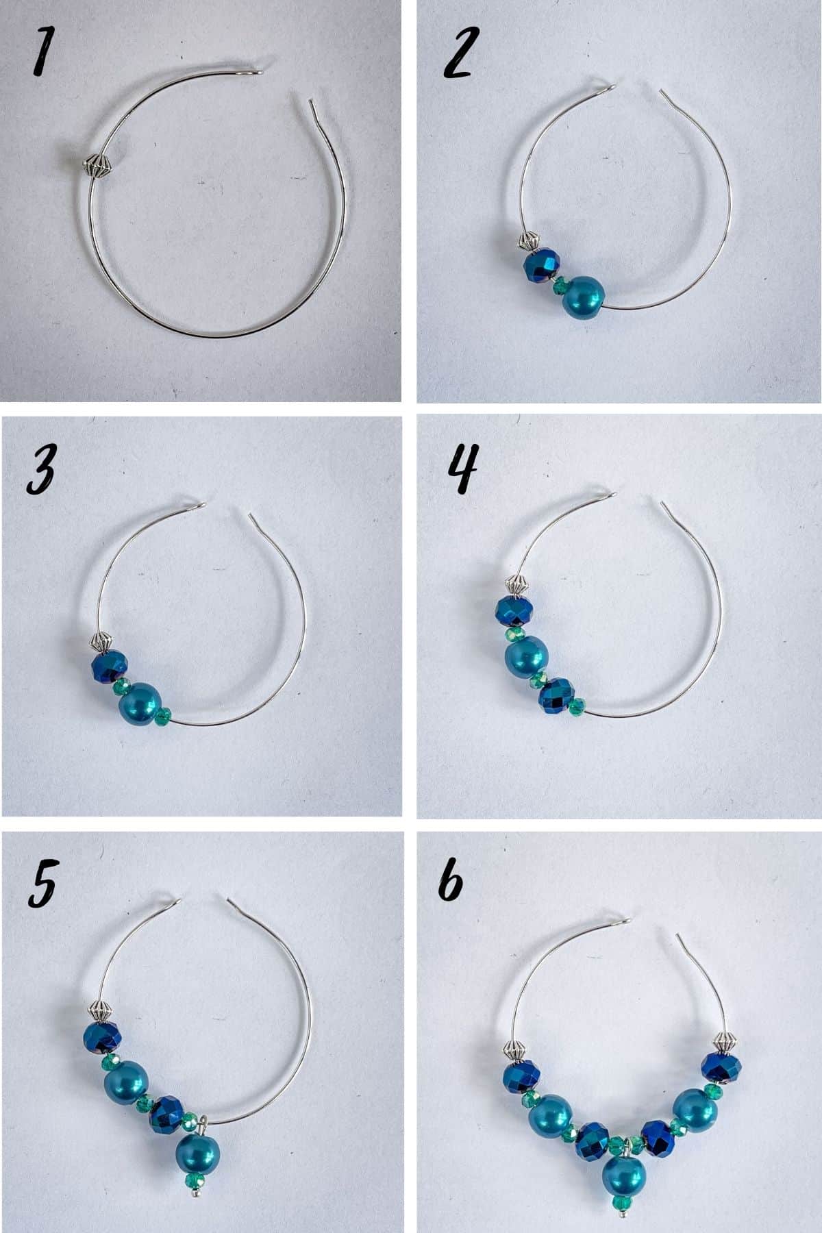 A poster of 6 images showing how to bead an earring hoop.