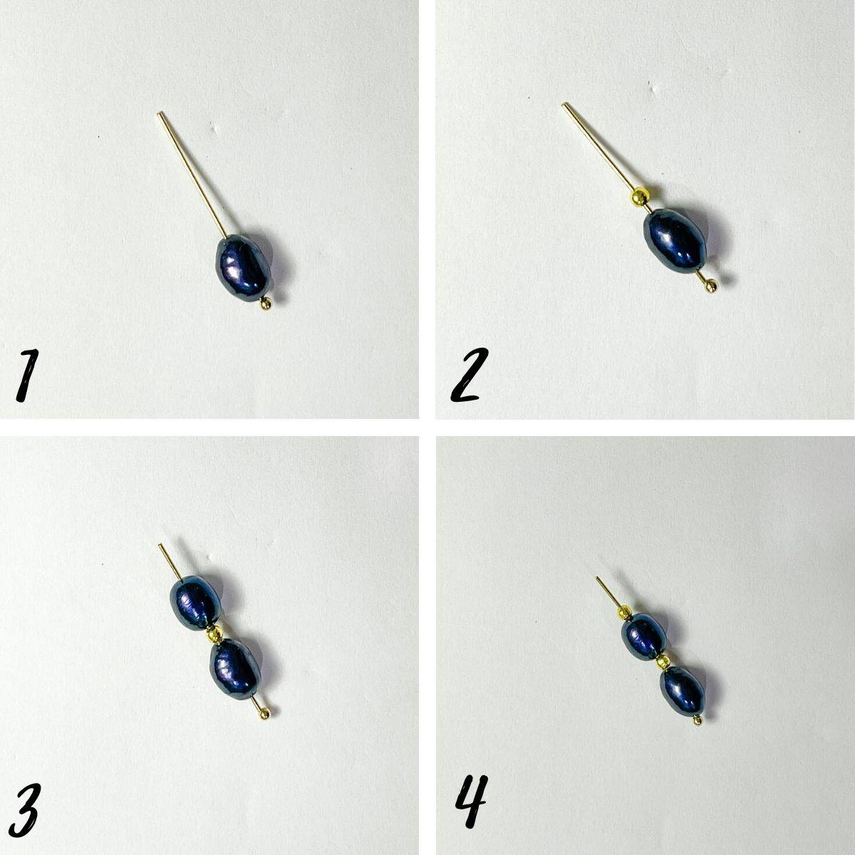 A poster of 4 images showing how to make a blue pearl earring dangle.
