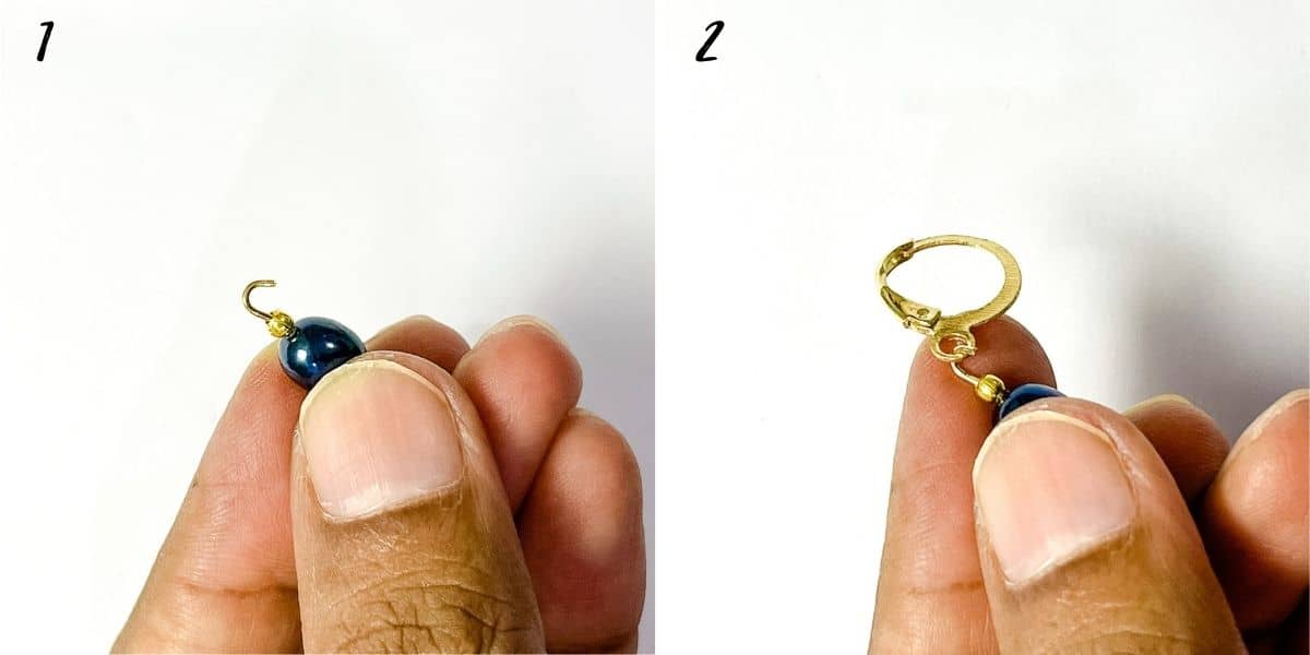 A poster of 2 images showing how to insert a lever back earring hoop into a handmade earring.