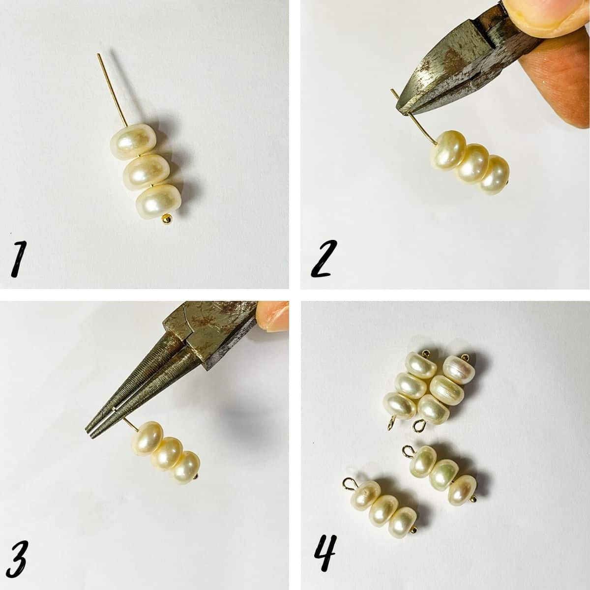 A poster of 4 images showing how to make freshwater pearl dangle for DIY dangle earrings.