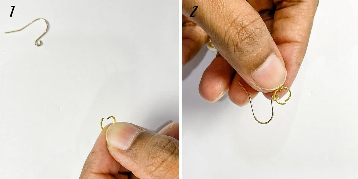A poster of 2 images showing how to attached earring hook to a jump ring.