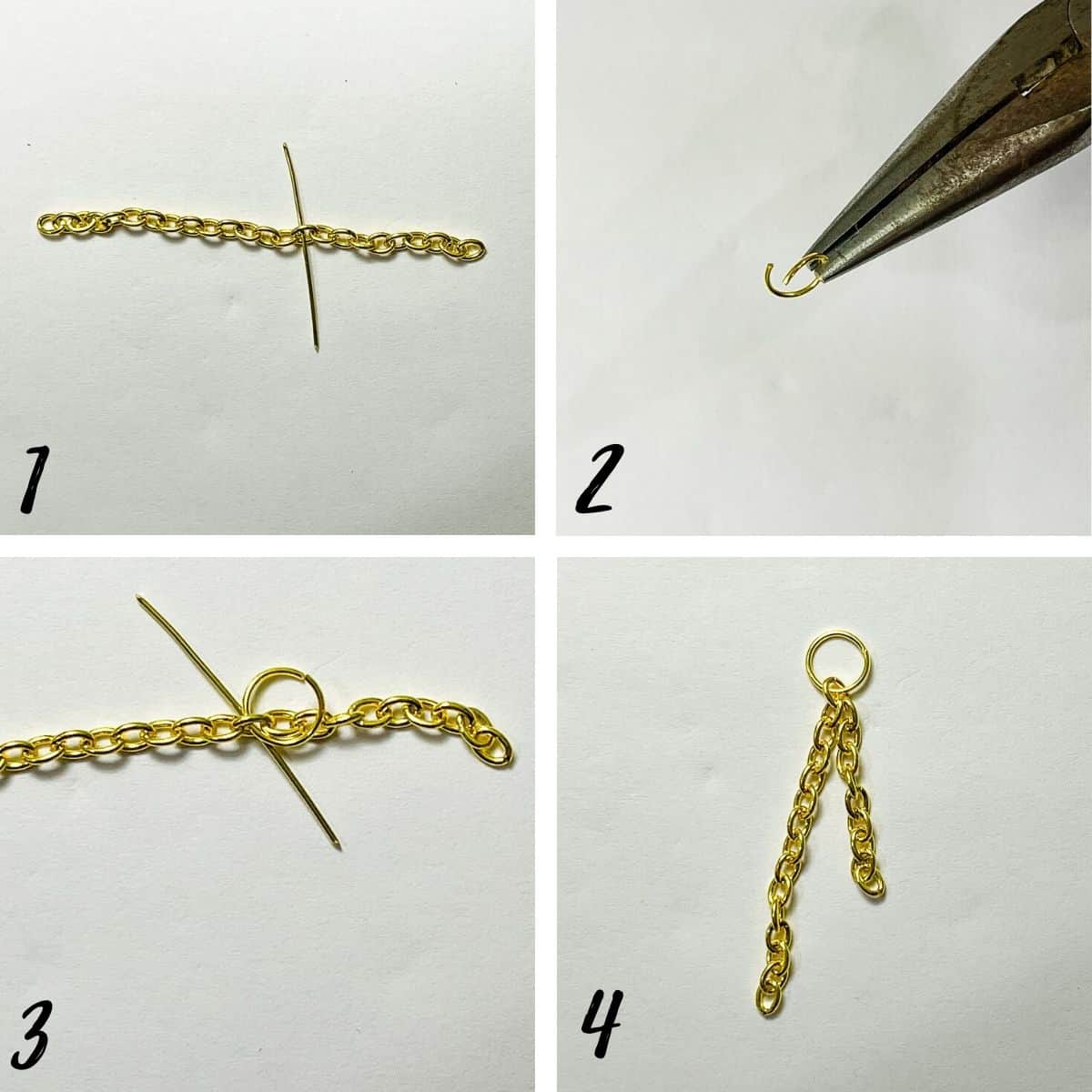 A poster of 4 images showing how to insert a jump ring into a link chain.