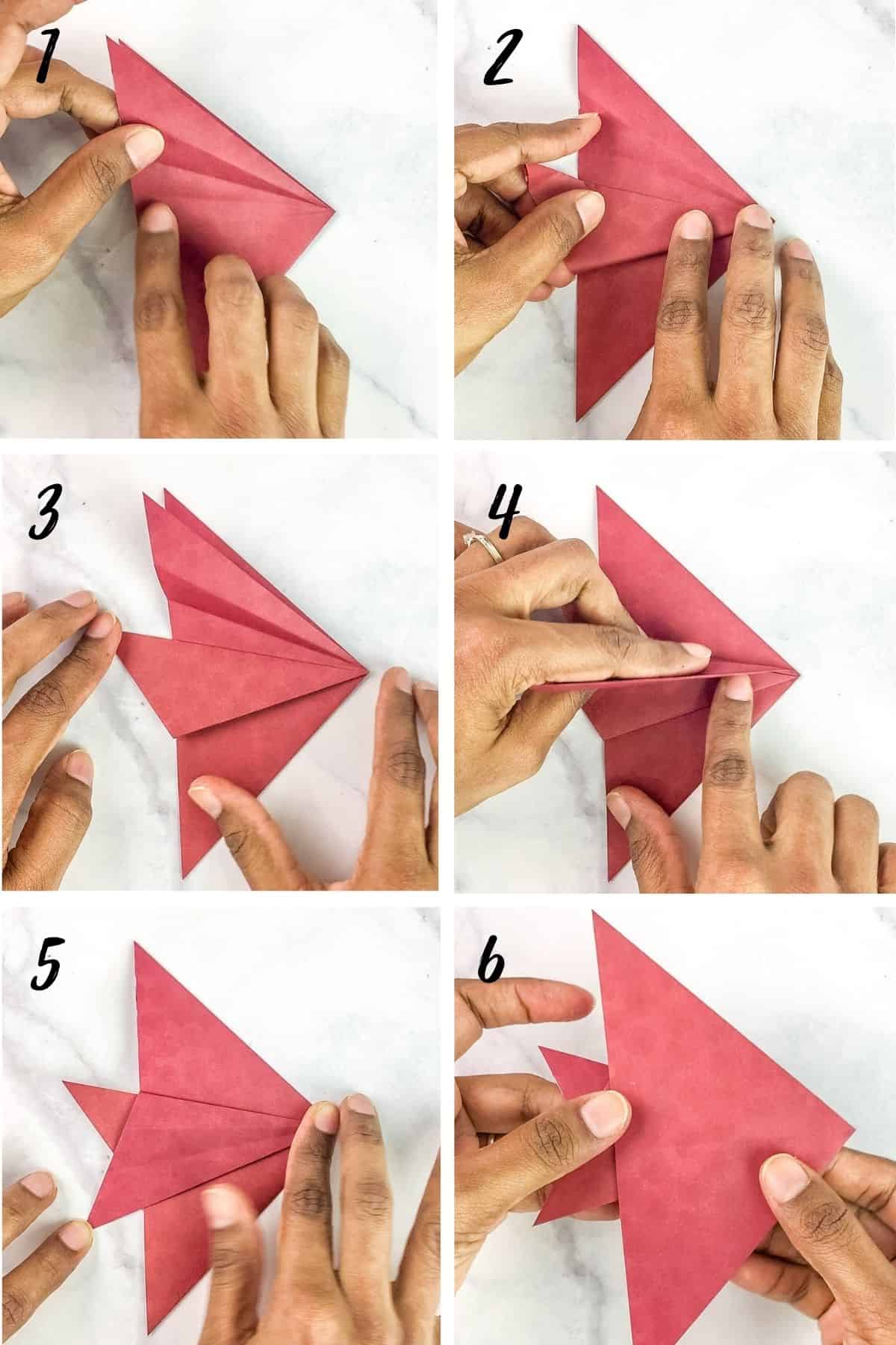 A poster of 6 images showing how to make paper fish tail.