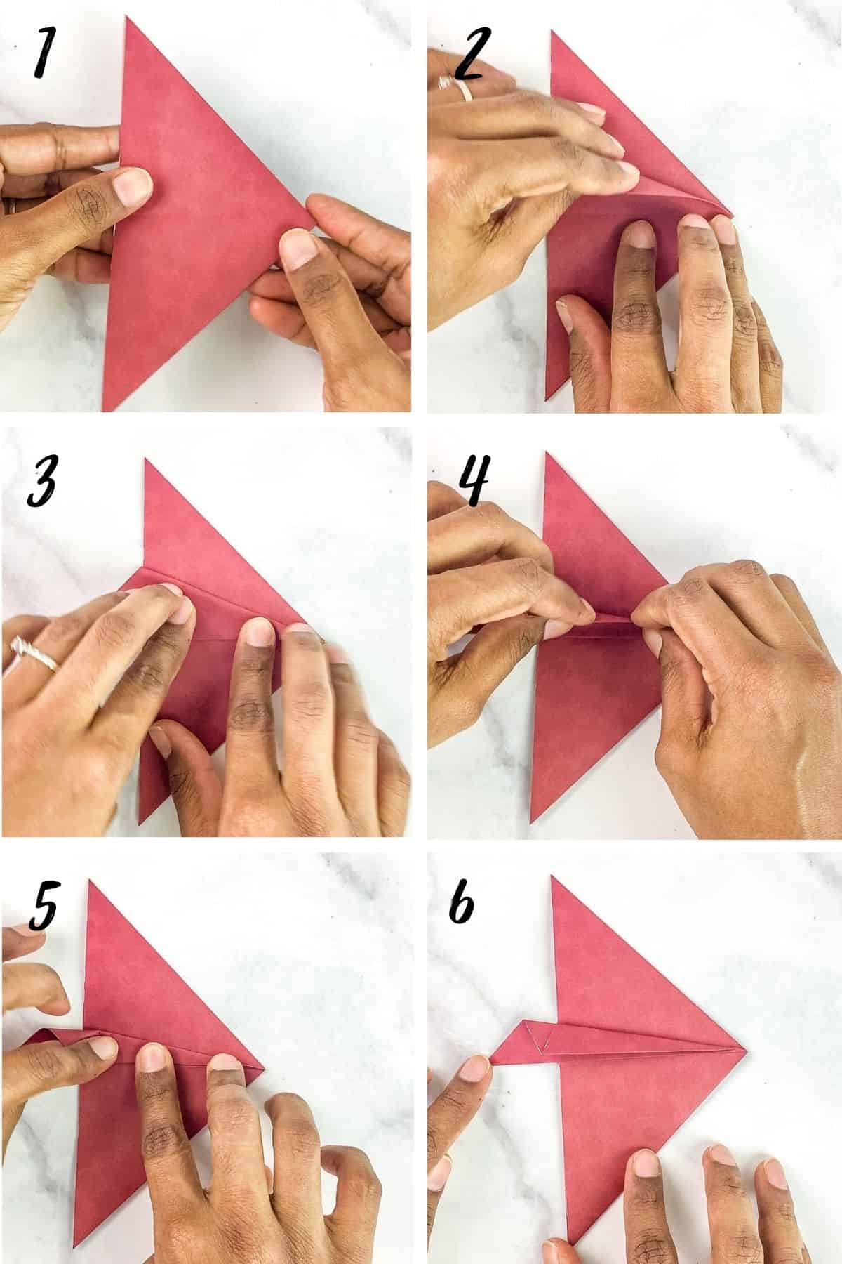A poster of 6 images showing how to make paper fish tail.
