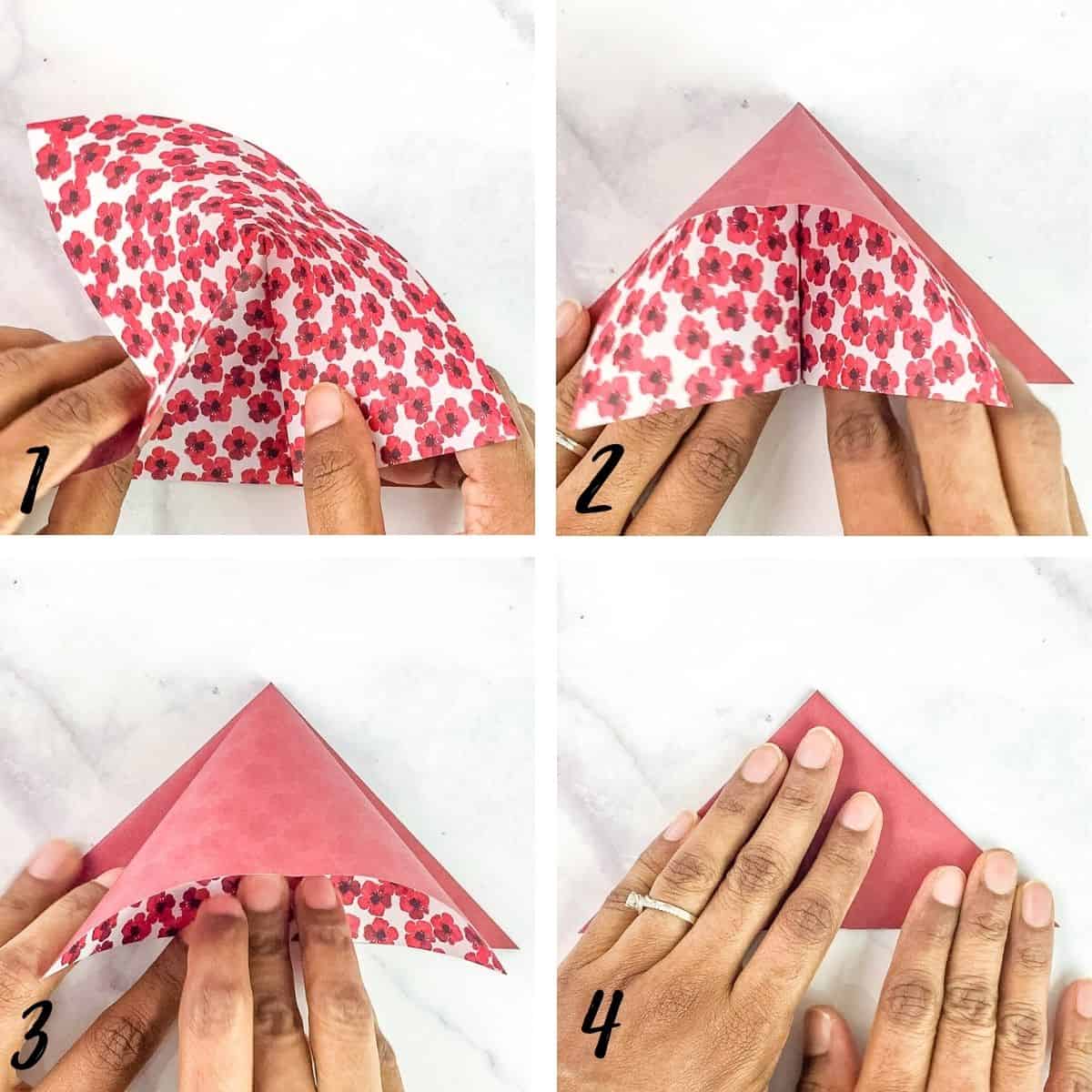 A poster of 4 images showing how to fold a triangle.