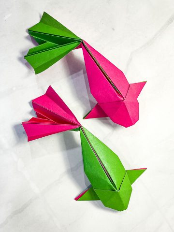 2 origami koi fish in pink and green.