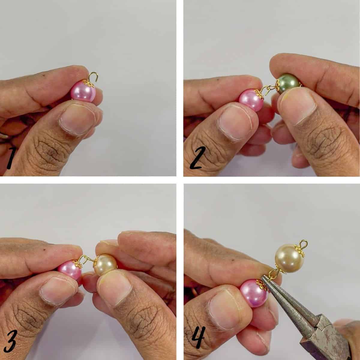 A poster of 4 images showing how to loop and attach beads in a dangle.