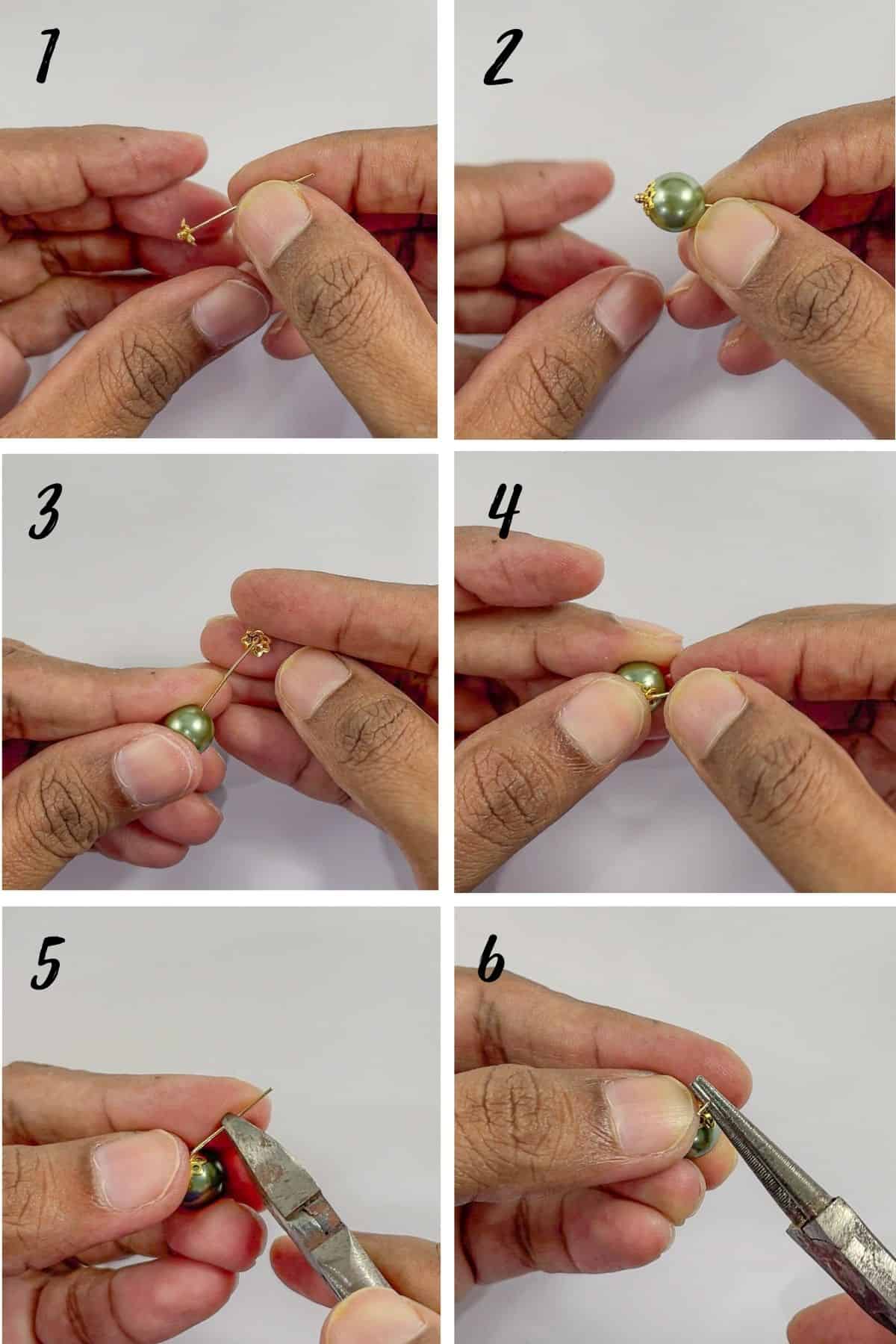 A poster of 6 images showing how to wire pearl beads.