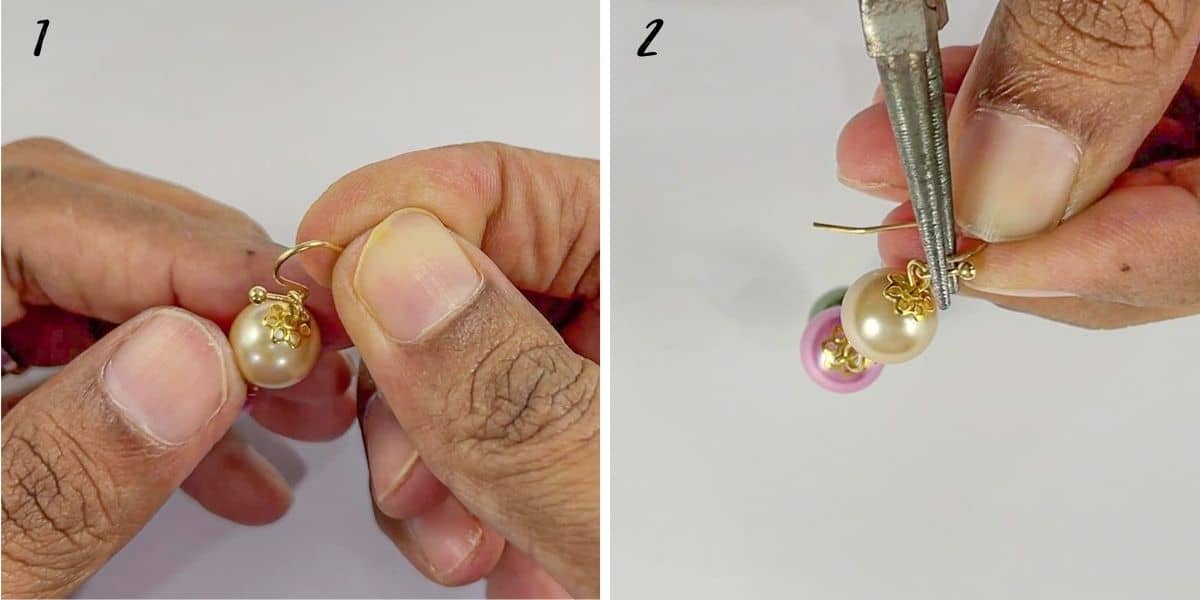 A poster of 2 images showing how to attach pearl dangle to earring hook.