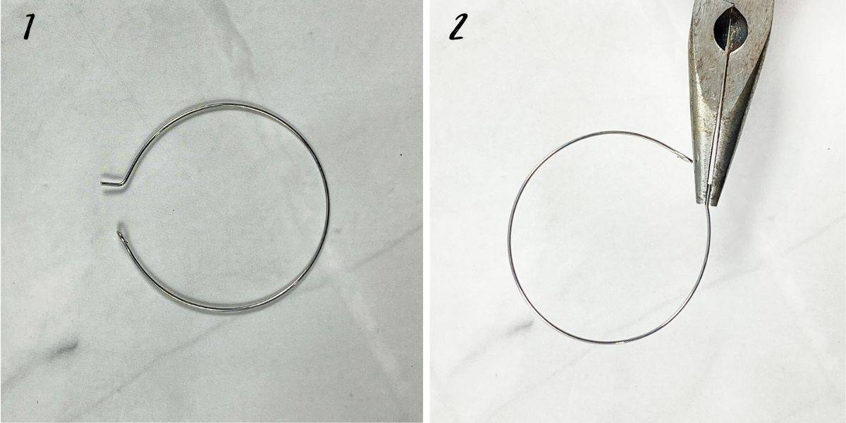 A poster of 2 images showing how to bend a hoop earring wire.