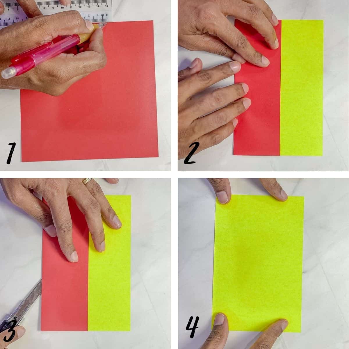 A poster of 4 images showing how to fold a red and yellow paper to make origami koi fish.