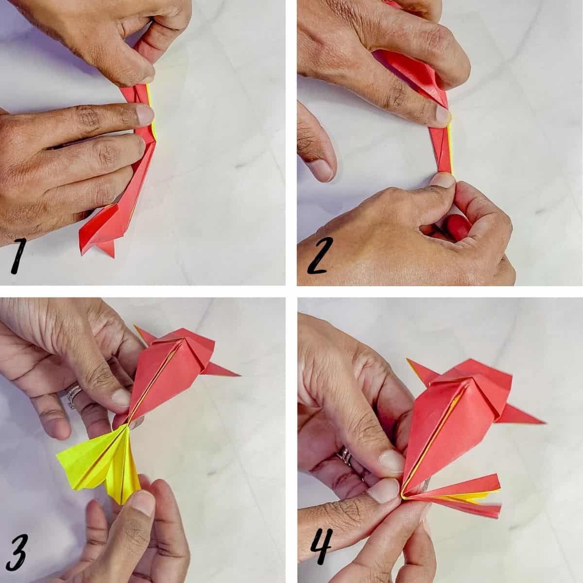 A poster of 4 images showing how to make the tail of an origami koi fish.