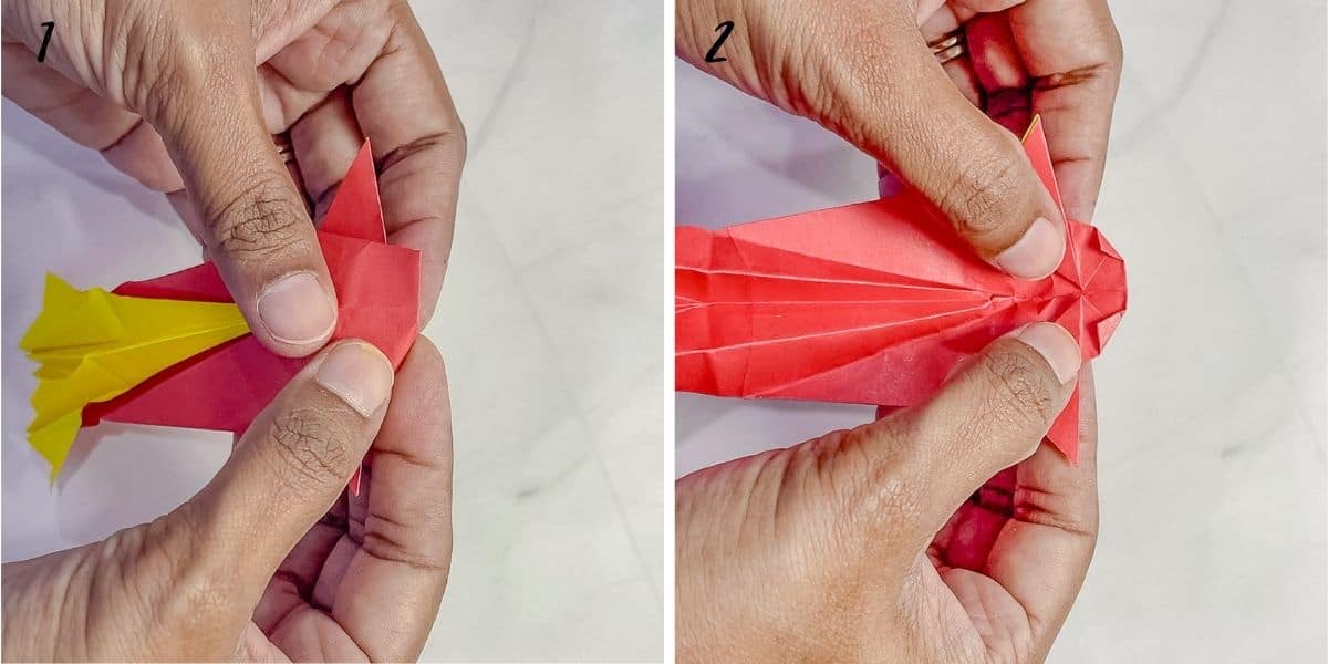 A poster of 2 images showing how to fold a paper koi face.