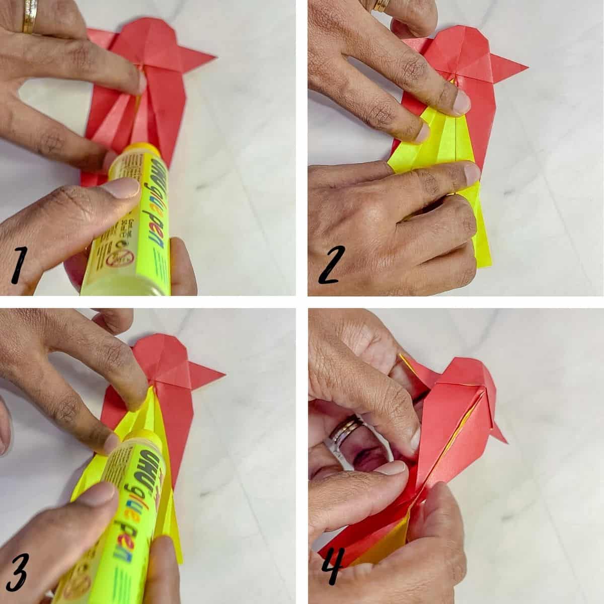 A poster of 4 images showing how to apply glue to paper koi fish.