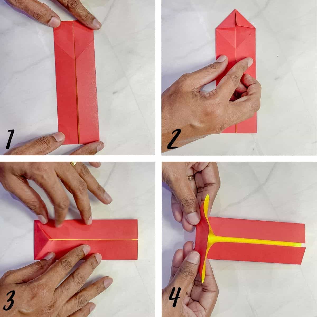 A poster of 4 images showing how to fold a red paper.