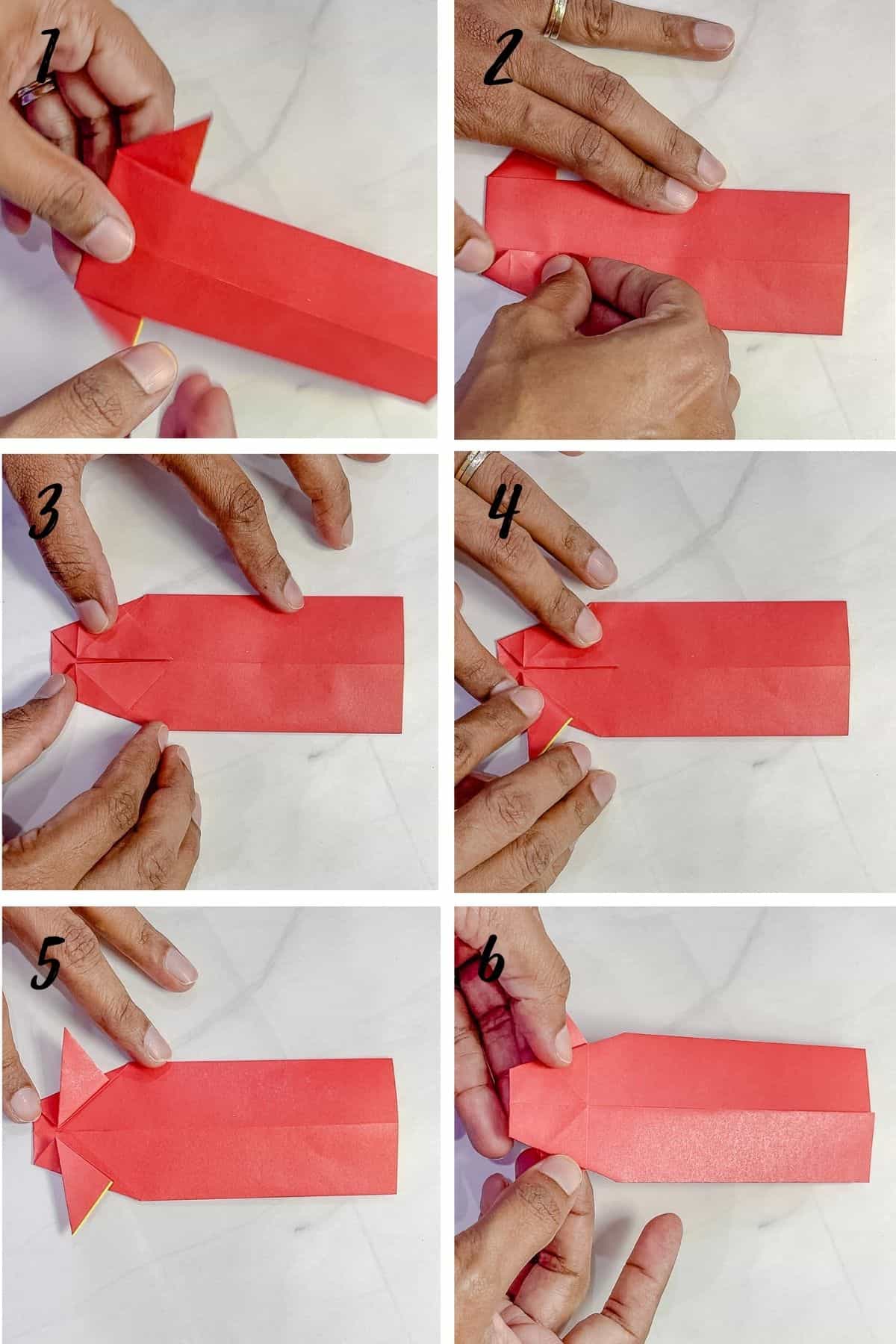 A poster of 6 images showing how to fold a red origami fish.