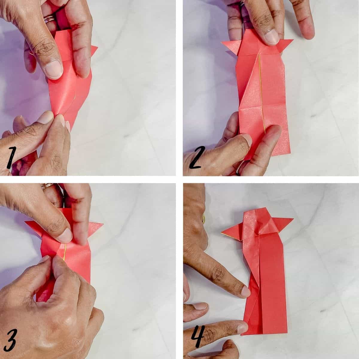 4A poster of 2 images showing how to fold the body of a paper fish.