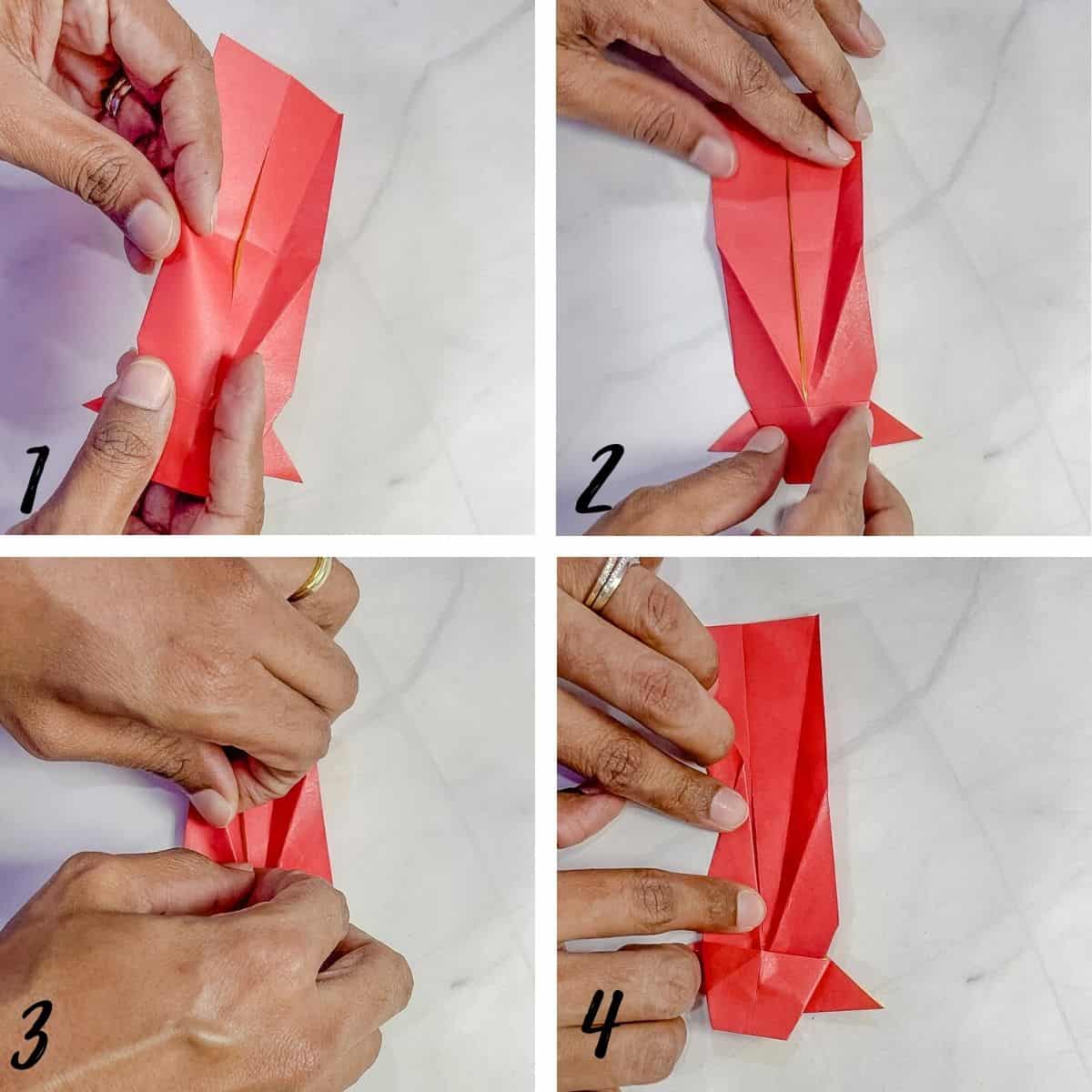 A poster of 4 images showing how to fold the body of a paper fish.