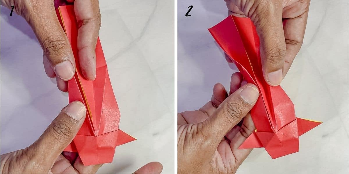 A poster of 2 images showing how to fold the body of a paper fish.