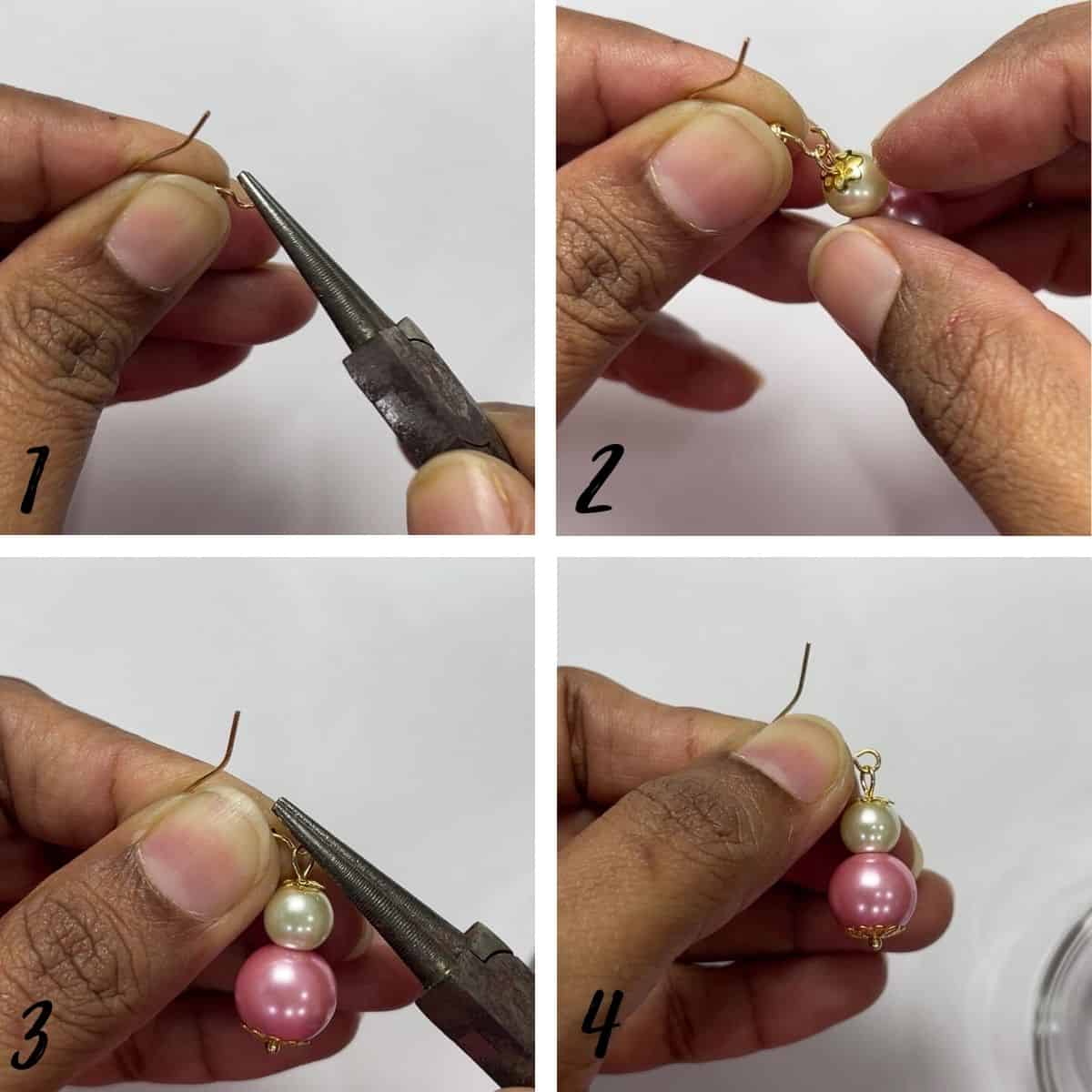 Attaching pearl dangle to earring hook.