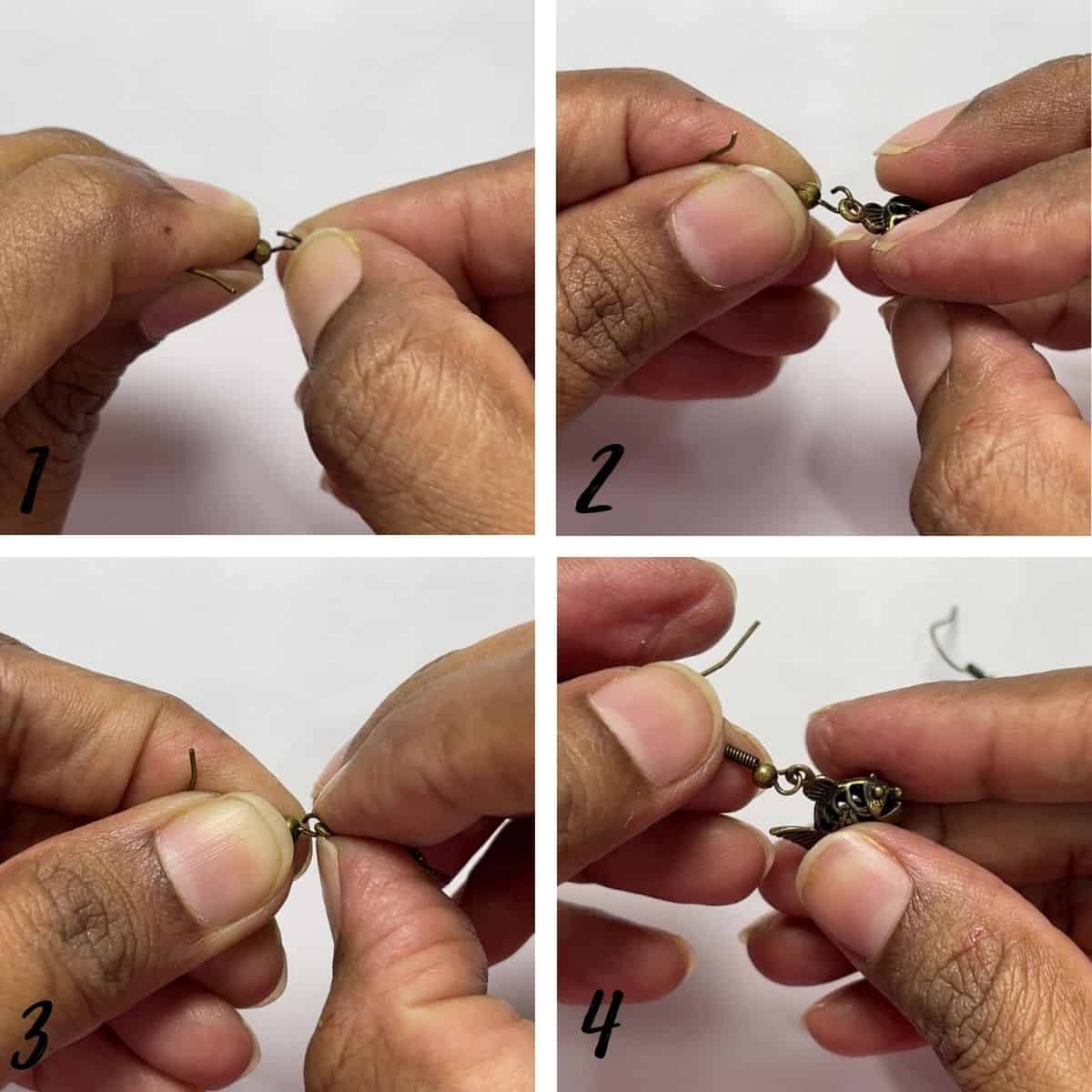A poster of 4 images showing how to make earrings for beginners without tools.