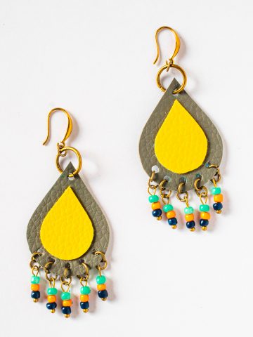 A pair of faux leather earrings in grey and yellow.