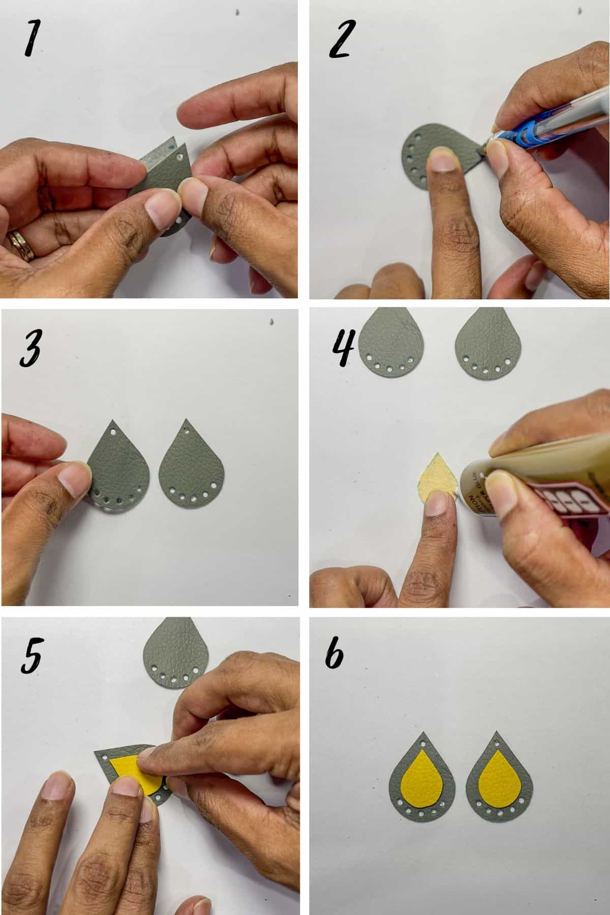 A poster of 6 images showing how to stick leather to make earrings.