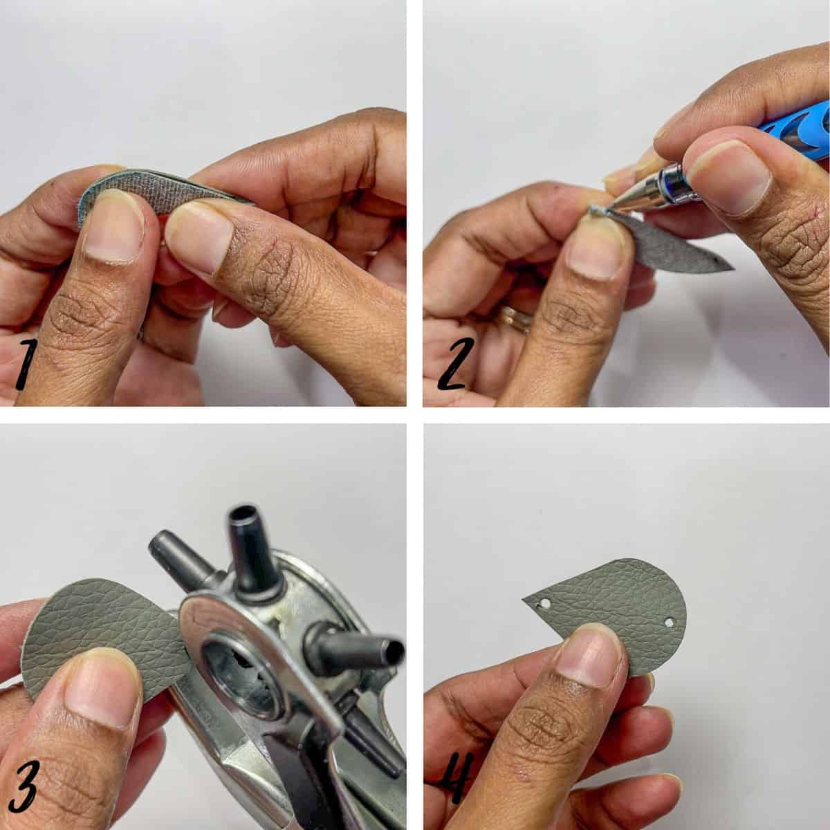 A poster of 4 images showing how to punch holes for jewelry.