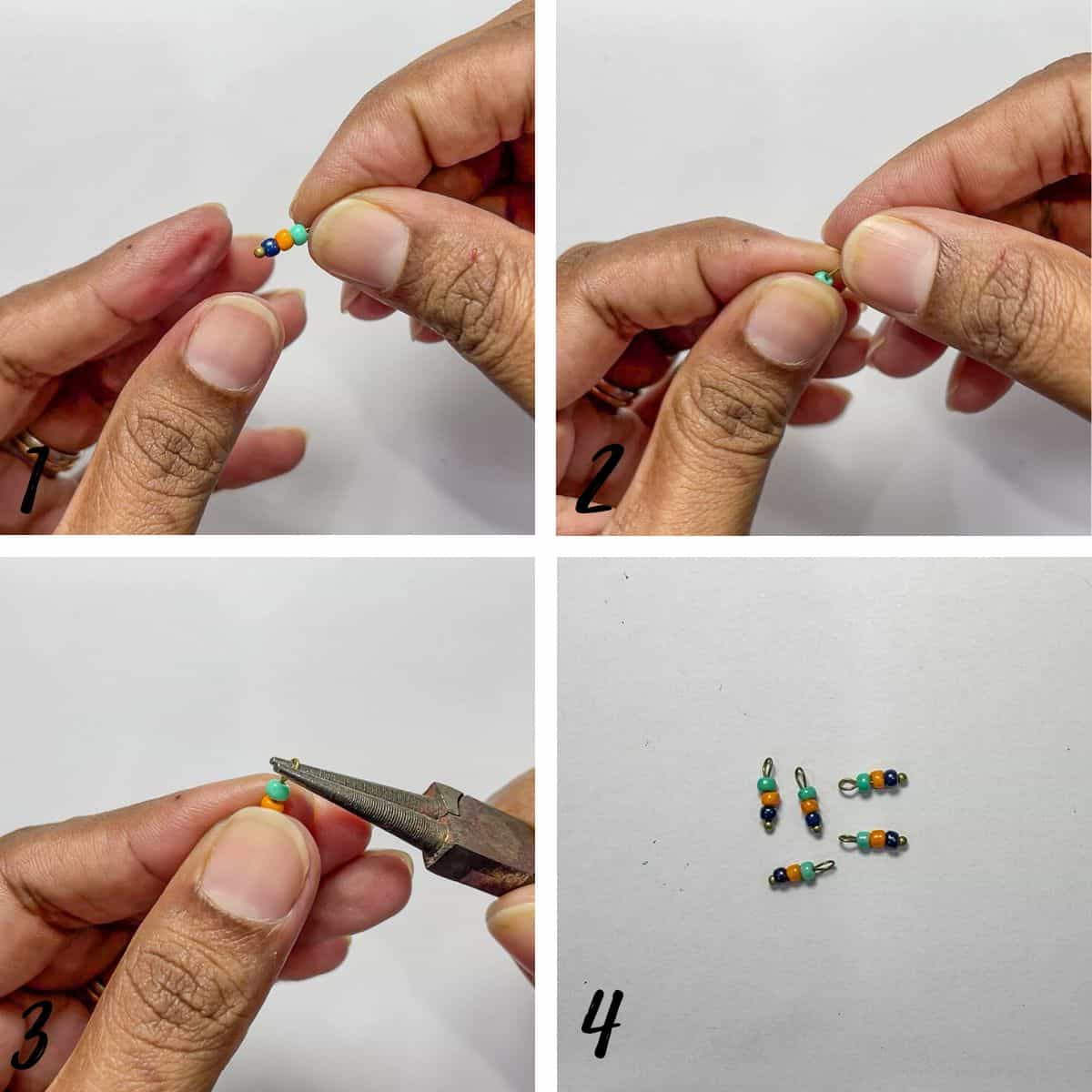A poster of 4 images showing how to make seed bead dangles.