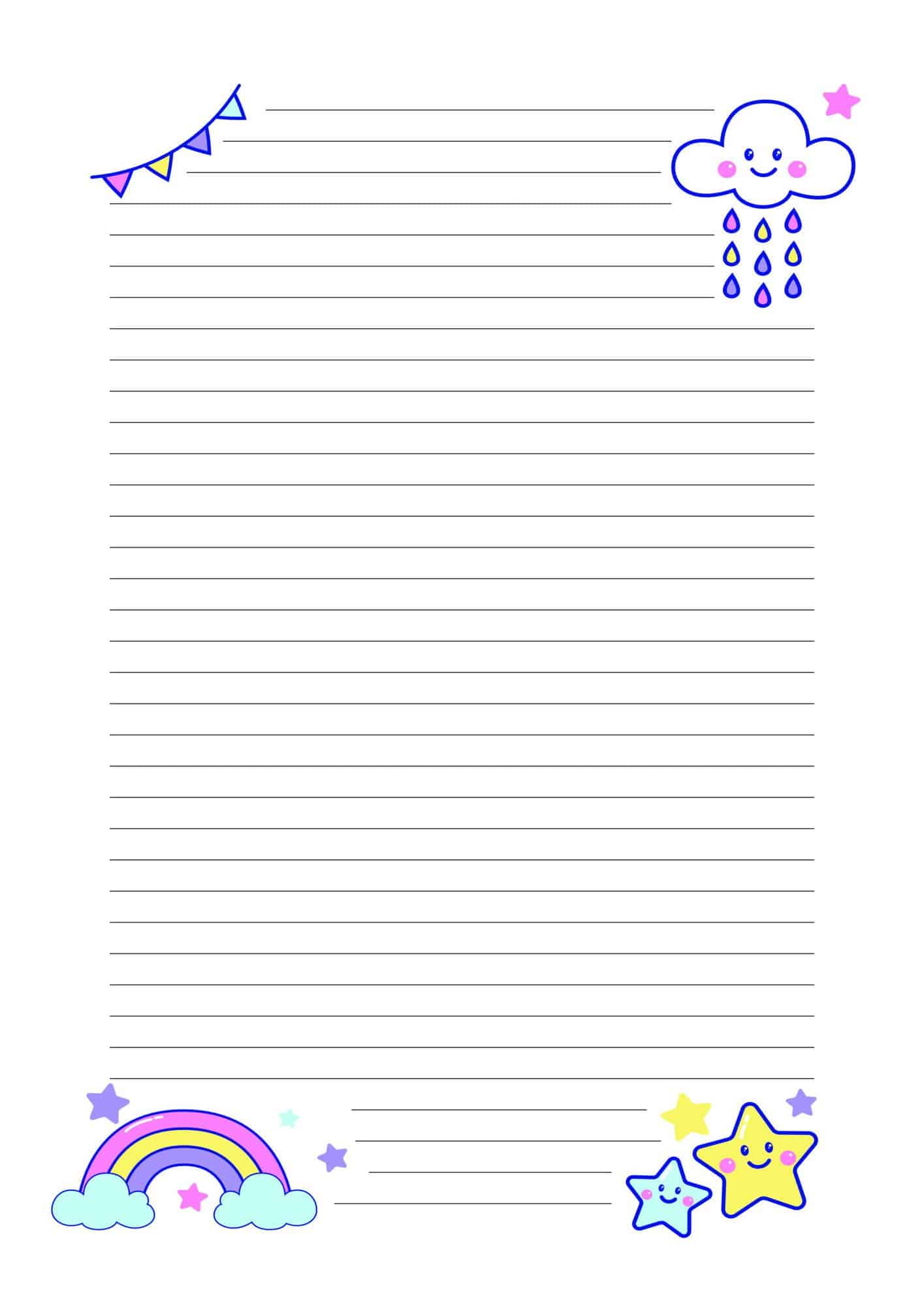 A cute lined paper with rainbows, stars and clouds.