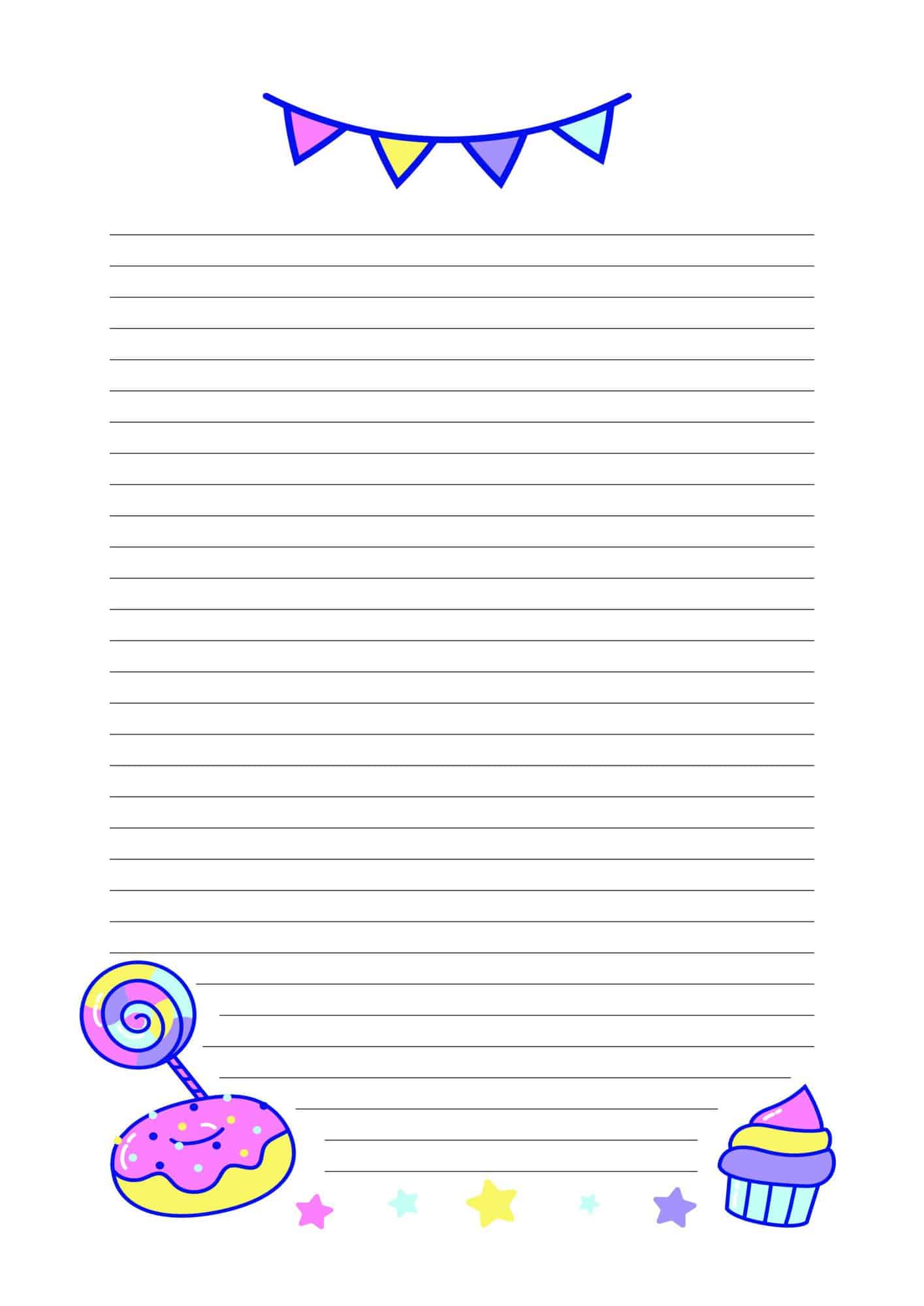 A cute lined paper with bunting, doughnuts and cupcakes images.
