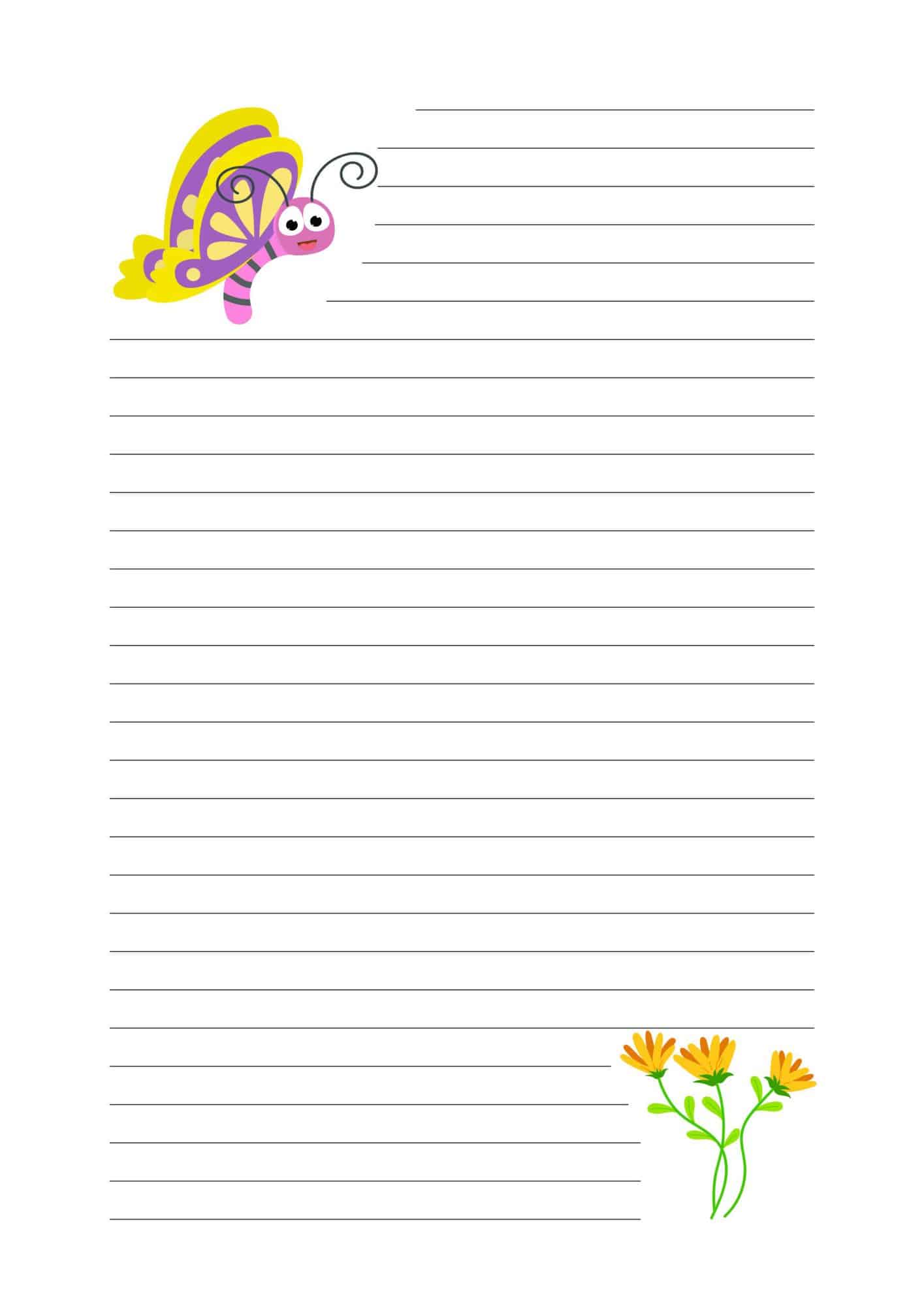 Lined paper template with yellow butterfly and yellow flowers.