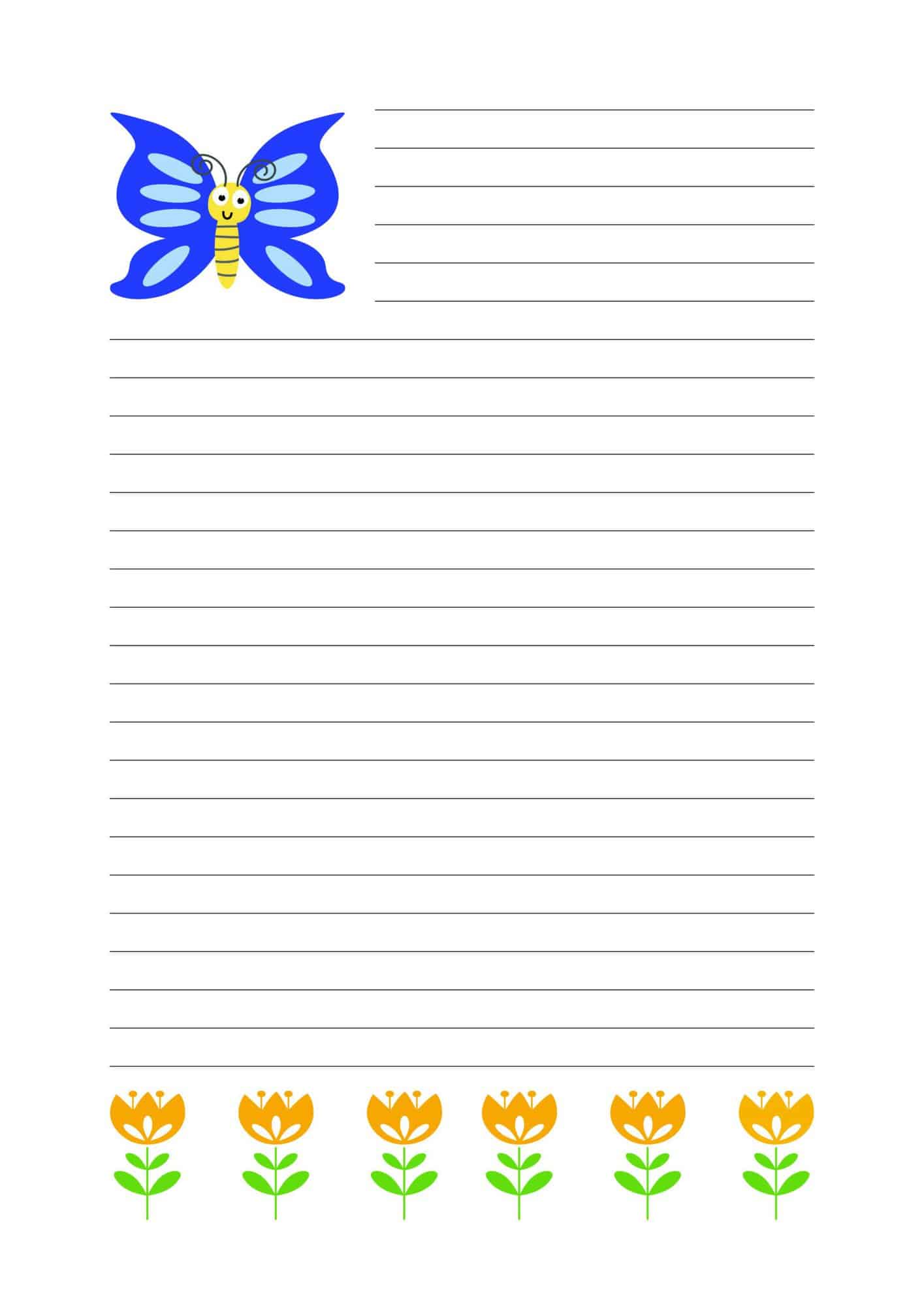 Lined template with blue butterfly and yellow flowers.