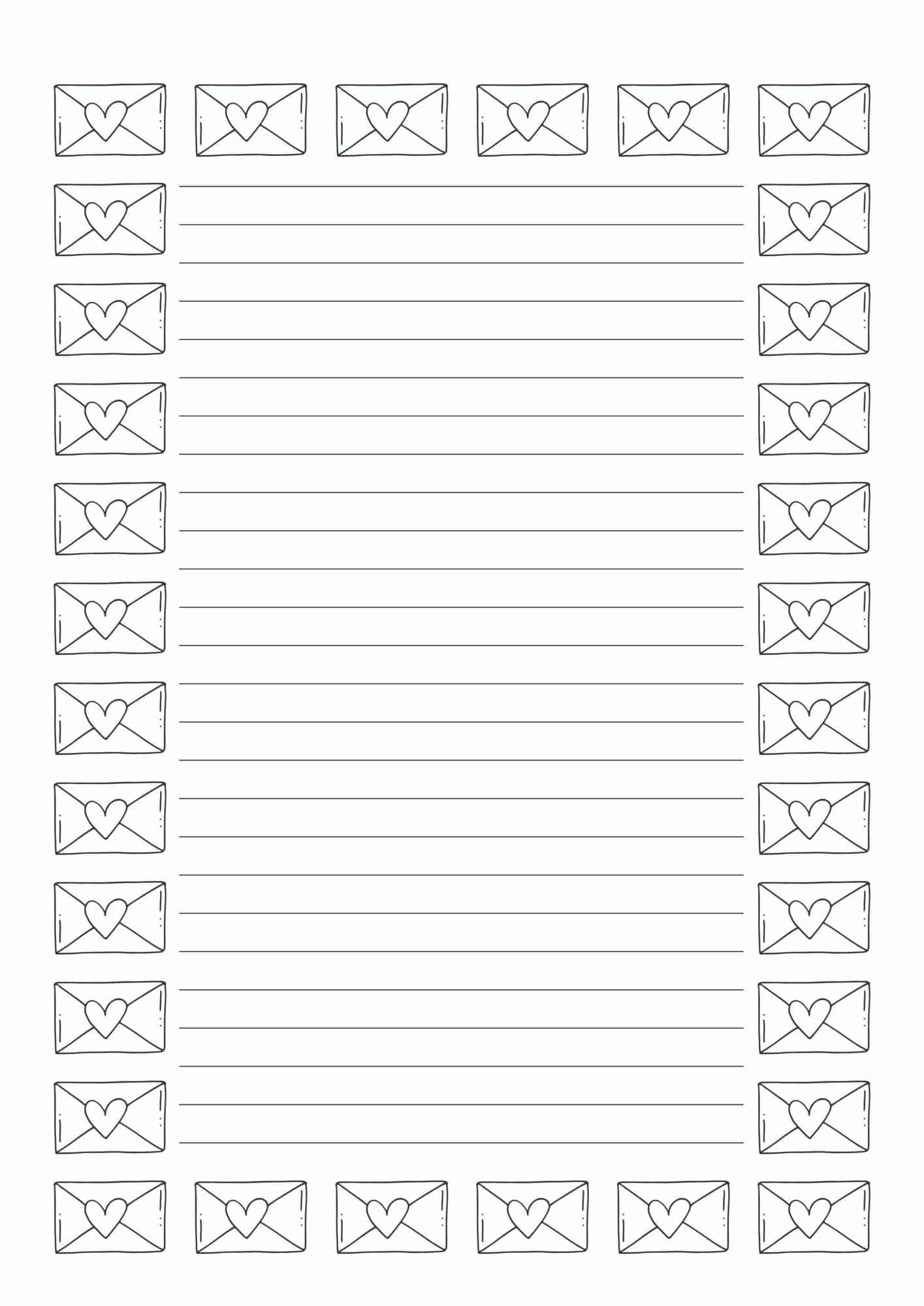 Cute lined paper printable template with envelope hearts border.