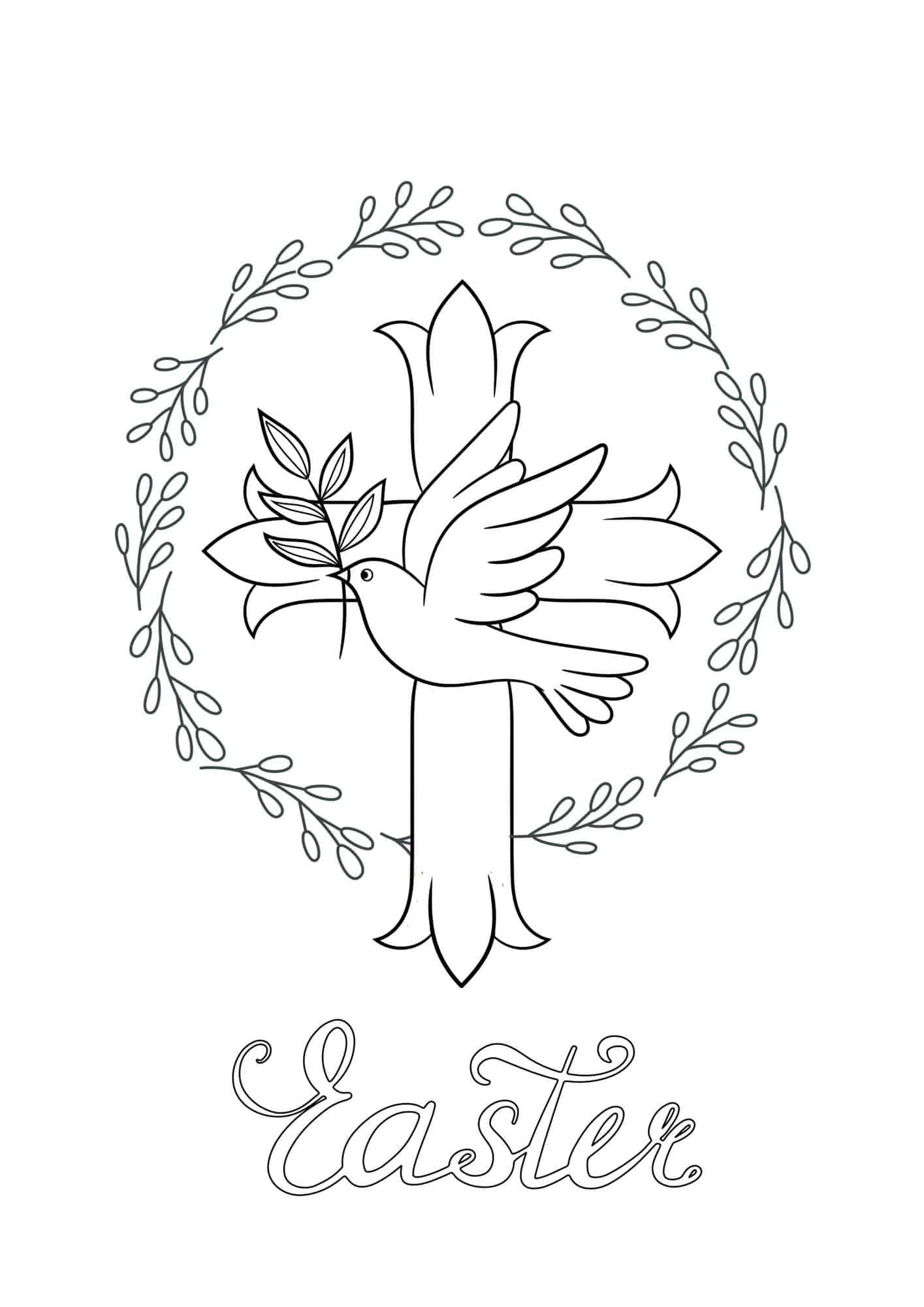 Easter dove template with a dove against a cross backdrop and a round leaf wreath.