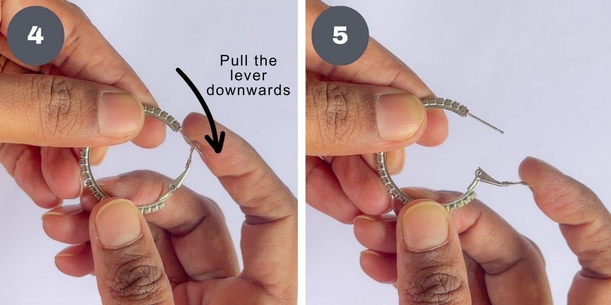 Opening the latch of a hoop earring.