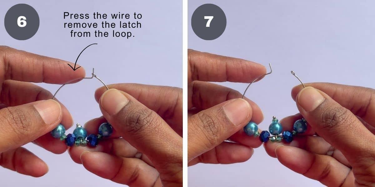 Push the wire of a hoop earring down to remove it from the loop.
