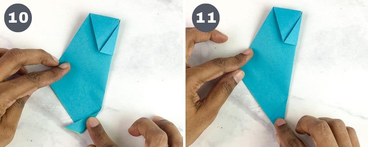 Folding the tail for a blue origami duck.