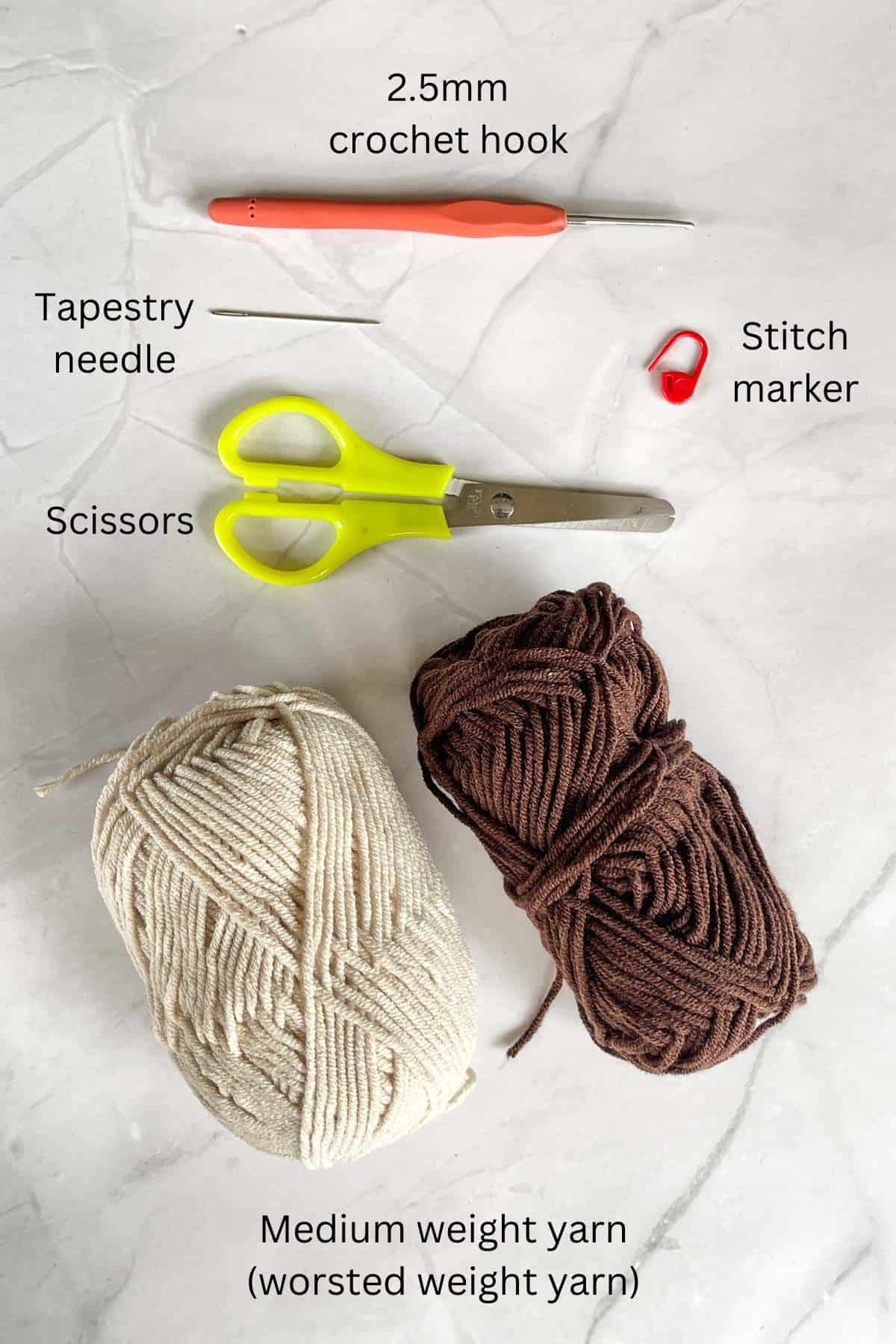 Beige and brown crochet yarn, crochet hook, tapestry needle, stitch marker and scissors.