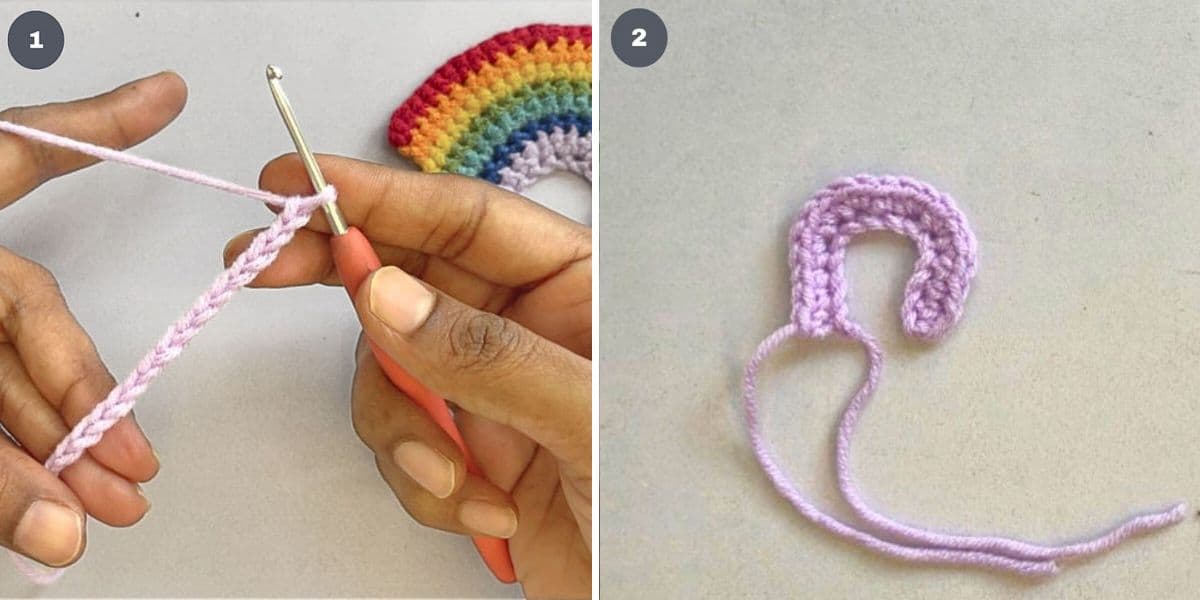 A long stitch of crochet chains in purple yarn and a row of single crochet stitches in a semi circle.