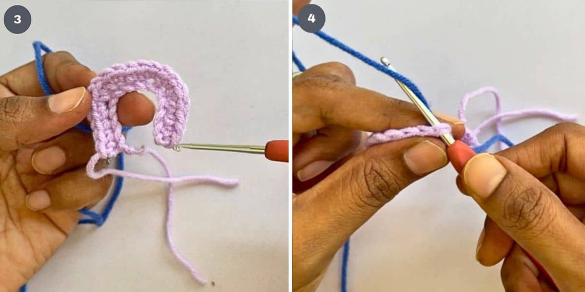 Pointing first stitch on a crochet rainbow pattern row and inserting hook into the first stitch on the row.