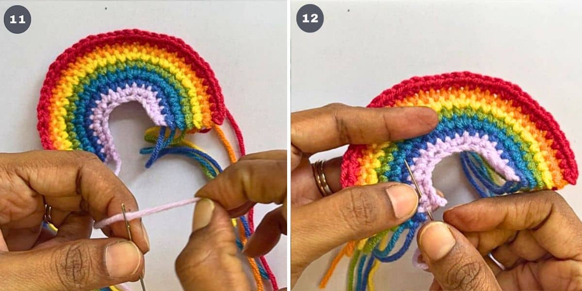 Inserting yarn into a needle and stitching into a crochet rainbow.