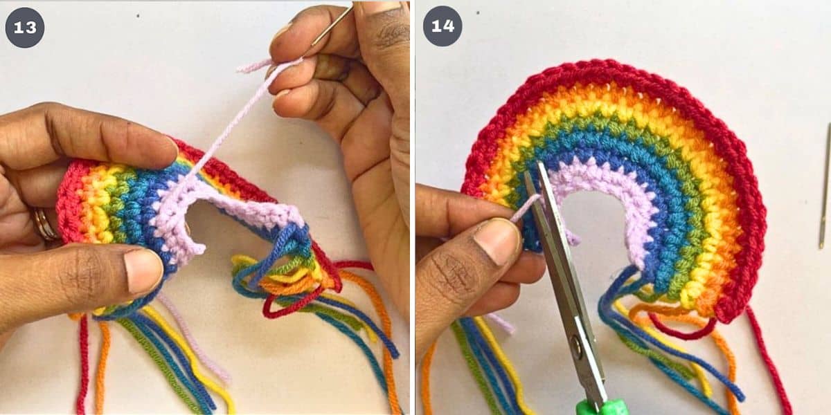 Stitching and trimming excess yarn of a crochet rainbow.