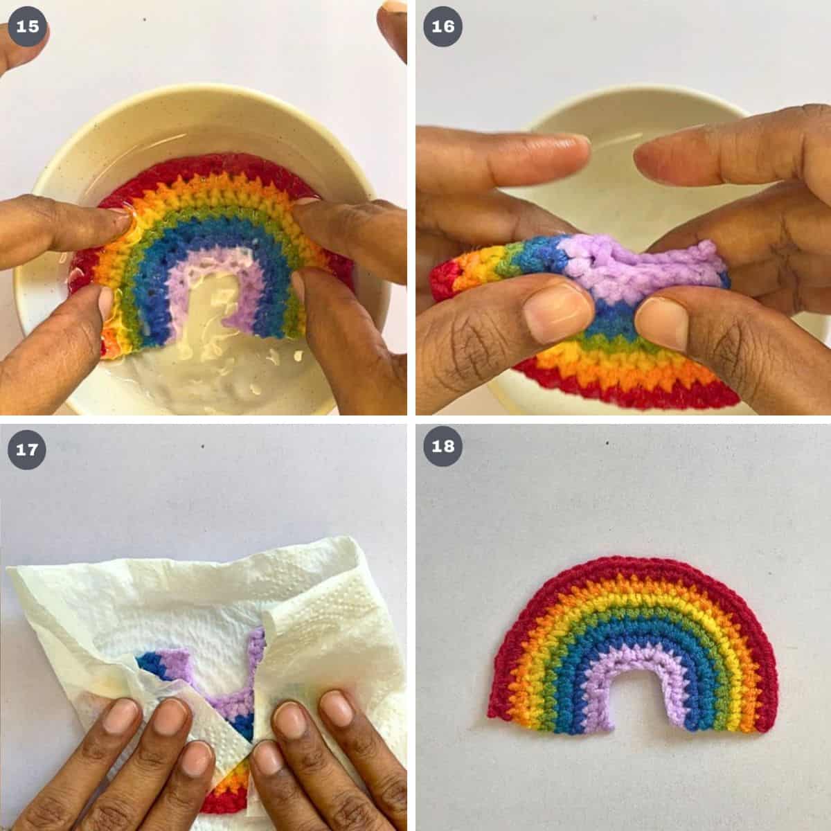 Soaking a crochet rainbow in a bowl of water, squeezing excess water off it, dapping with paper towel and placing it flat.