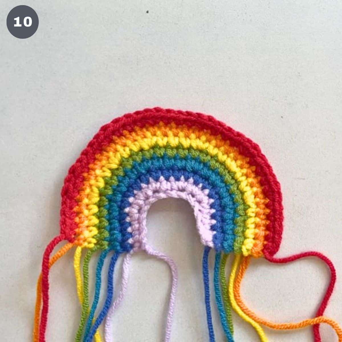 A crochet rainbow made using 7 colors of yarn.
